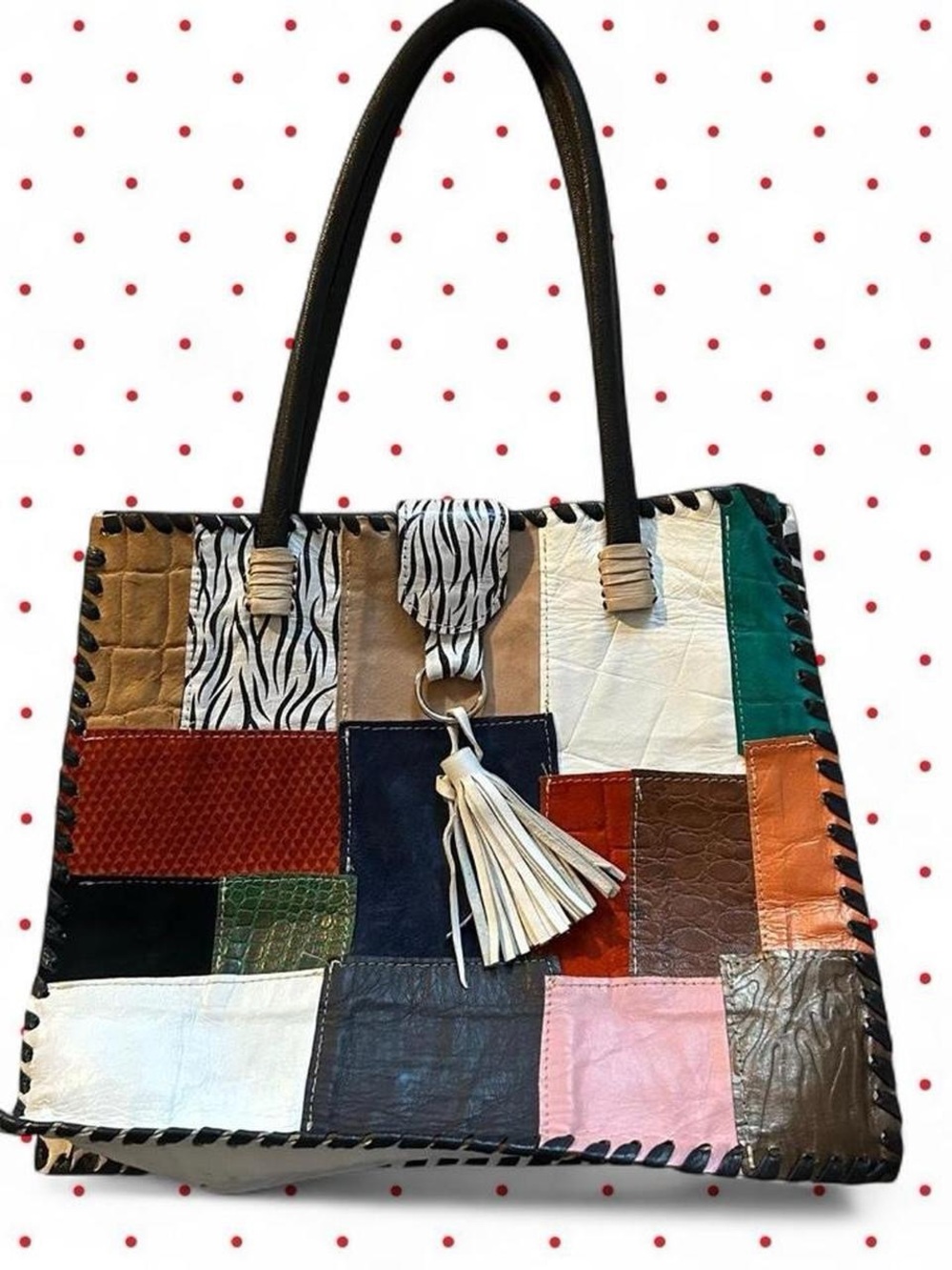 Patchwork Multi-Color Leather Tote Bag with Tassel